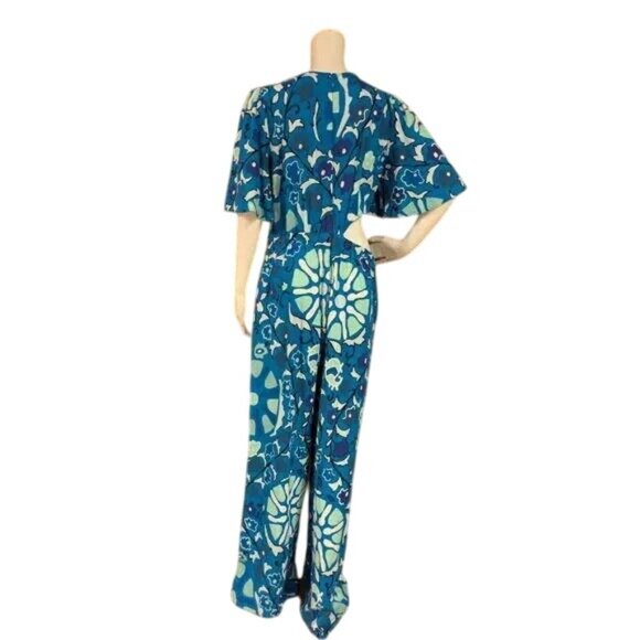 RHODE Zinnia Blue Floral Linen Cut Out Wide Leg Jumpsuit - Picture 4 of 7